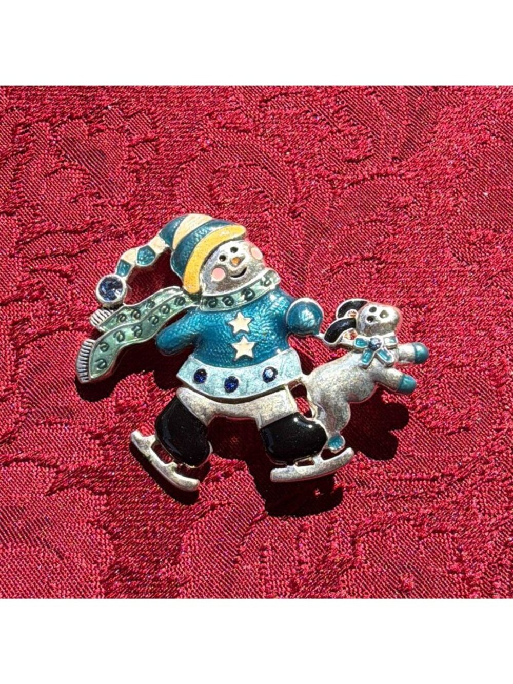 Vintage Ice Skating Snowman Brooch Dog Pet Blue Enamel Rhinestone Christmas Pin